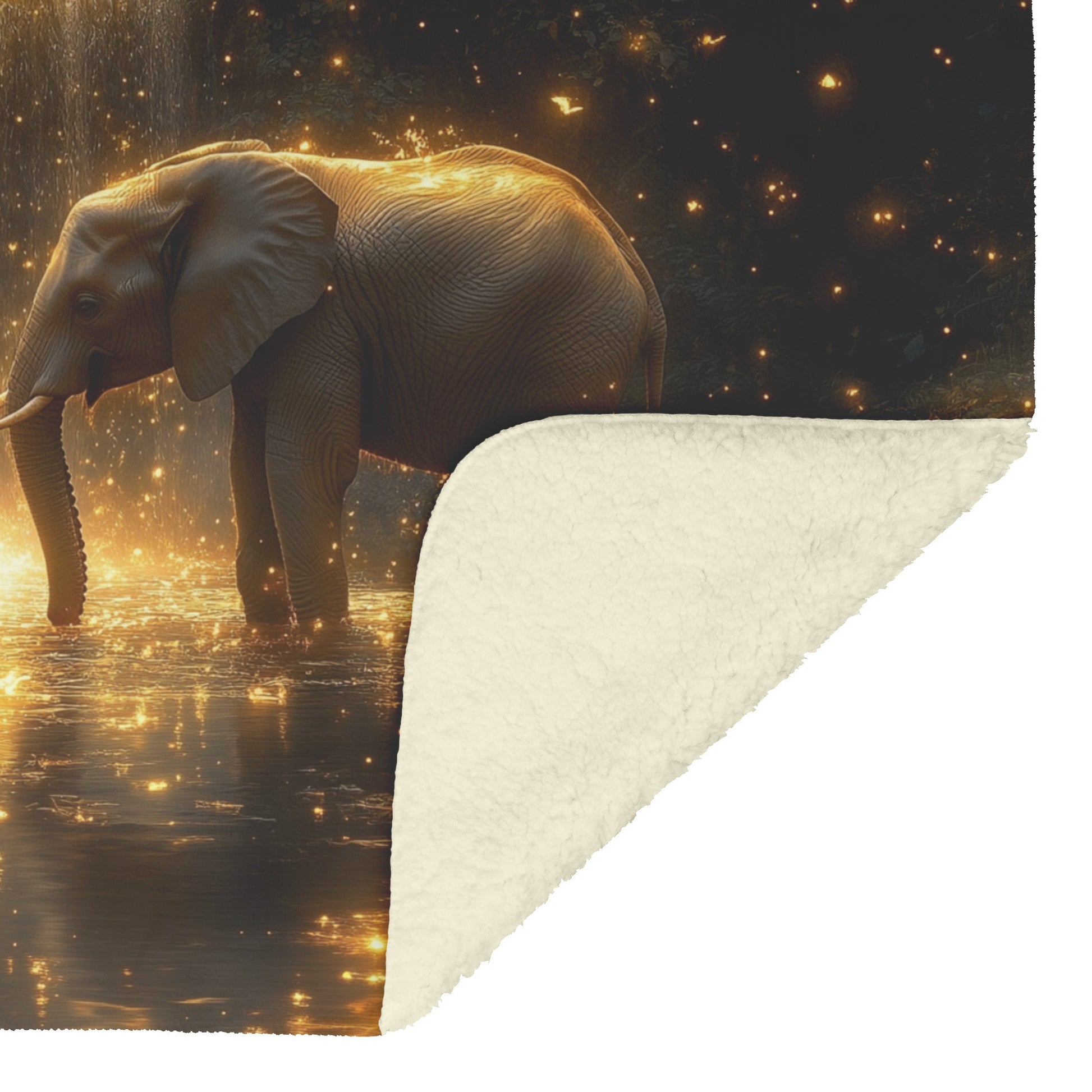 Two Elephants Near Glowing Waterfall Moss Covered Rocks Shimmering Golden Light Peaceful Magical Fleece Sherpa Blanket - Awakening Righteousness