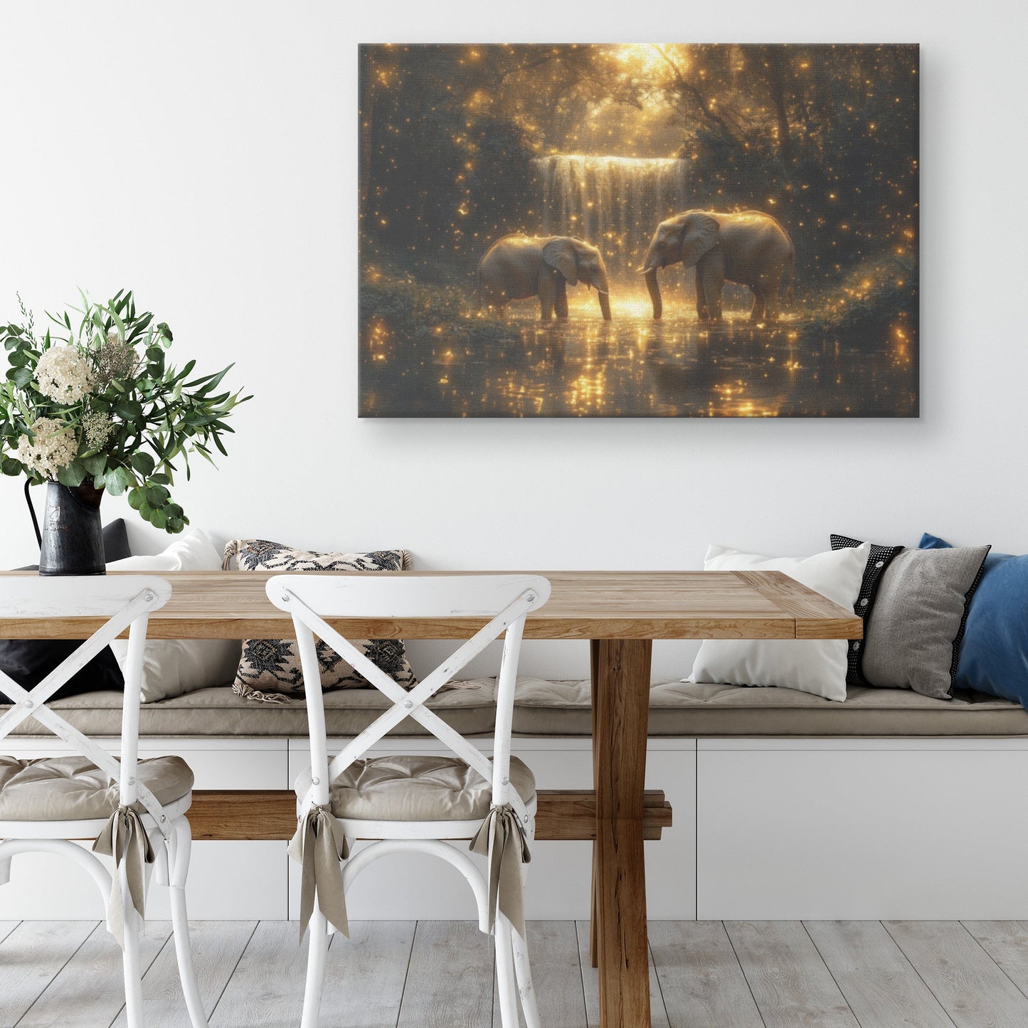 Two Elephants Near Glowing Waterfall Surrounded by Moss Covered Rocks and Shimmering Golden Light Canvas Wall Art Decor - Awakening Righteousness