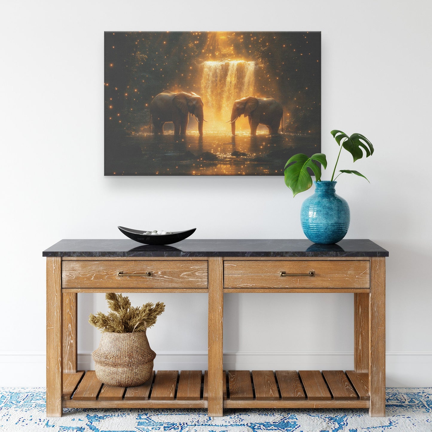 Two Elephants Near Glowing Waterfall Surrounded by Moss Covered Rocks and Shimmering Golden Light Canvas Wall Art Decor - Awakening Righteousness
