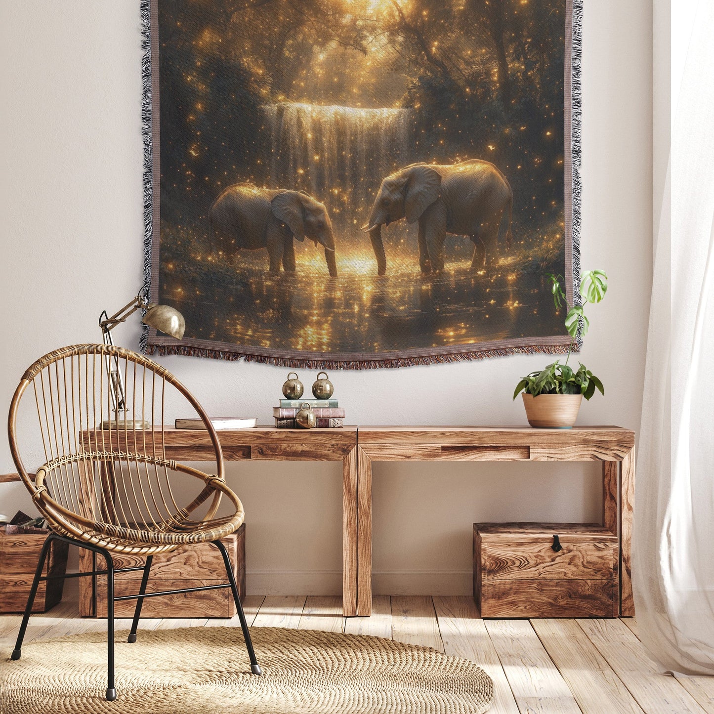 Two Elephants Standing Near Glowing Waterfall Surrounded by Moss Covered Rocks and Shimmering Golden Light Woven Throw Blanket - Awakening Righteousness