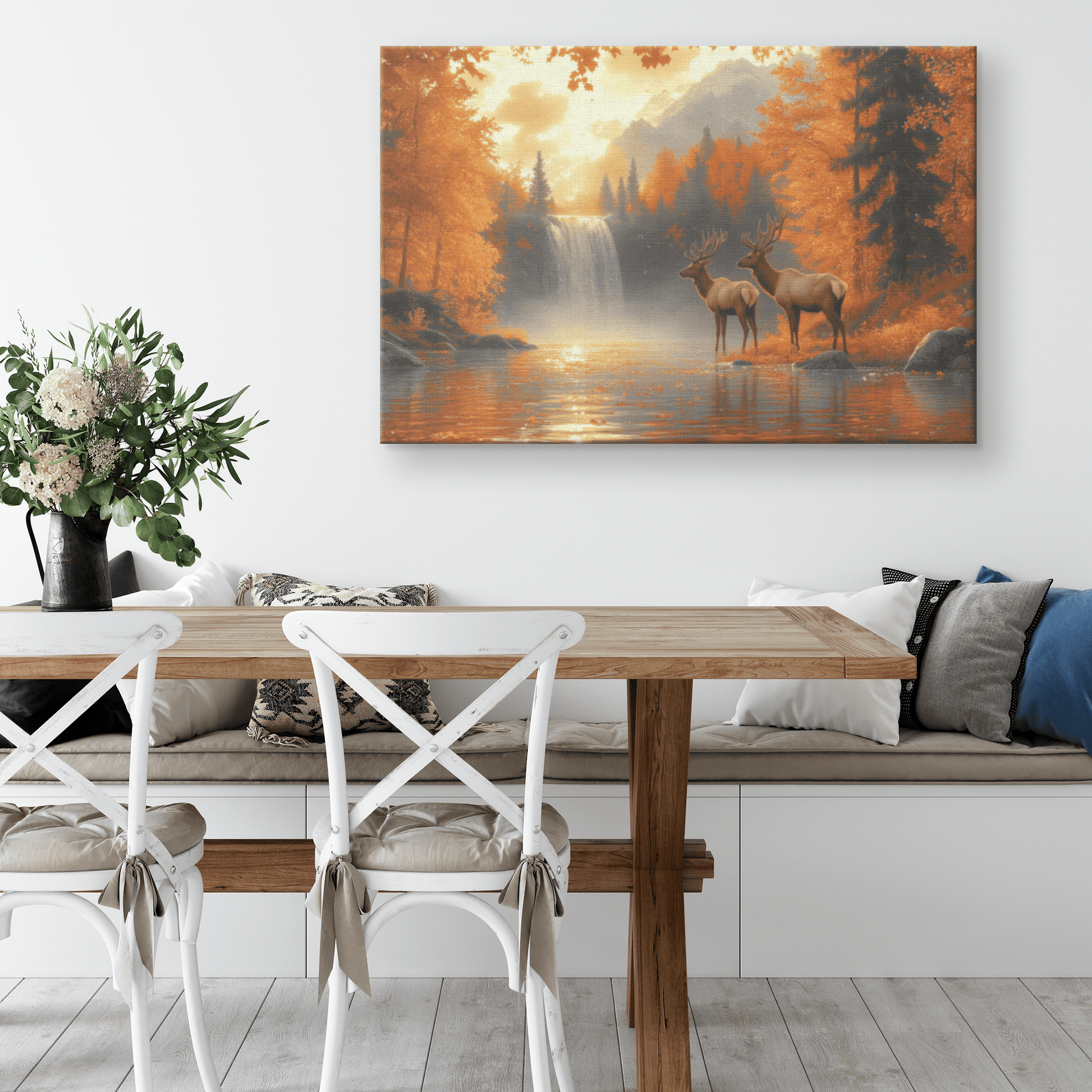 Two Elk Near Glowing Waterfall With Vibrant Autumn Leaves And Golden Mist Under Twilight Sky Canvas Wall Art Decor - Awakening Righteousness