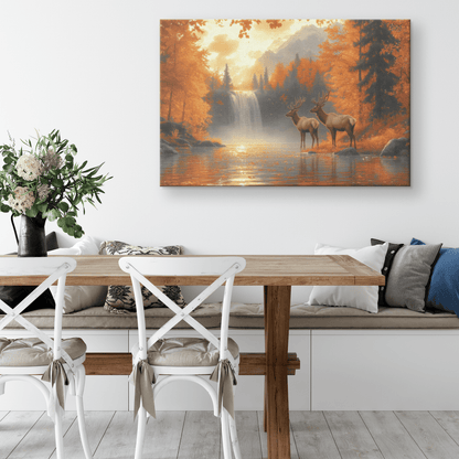 Two Elk Near Glowing Waterfall With Vibrant Autumn Leaves And Golden Mist Under Twilight Sky Canvas Wall Art Decor - Awakening Righteousness
