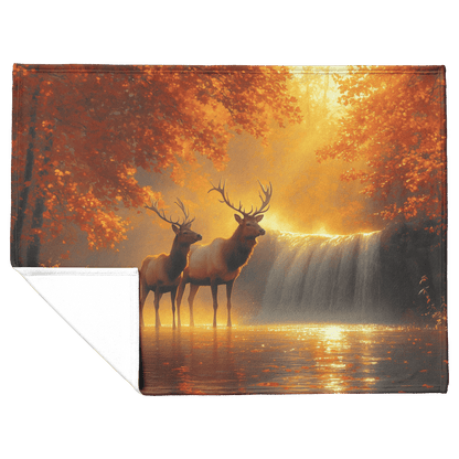 Two Elk Standing Near Glowing Waterfall Surrounded by Autumn Leaves and Golden Mist Under Twilight Sky Fleece Sherpa Blanket - Awakening Righteousness