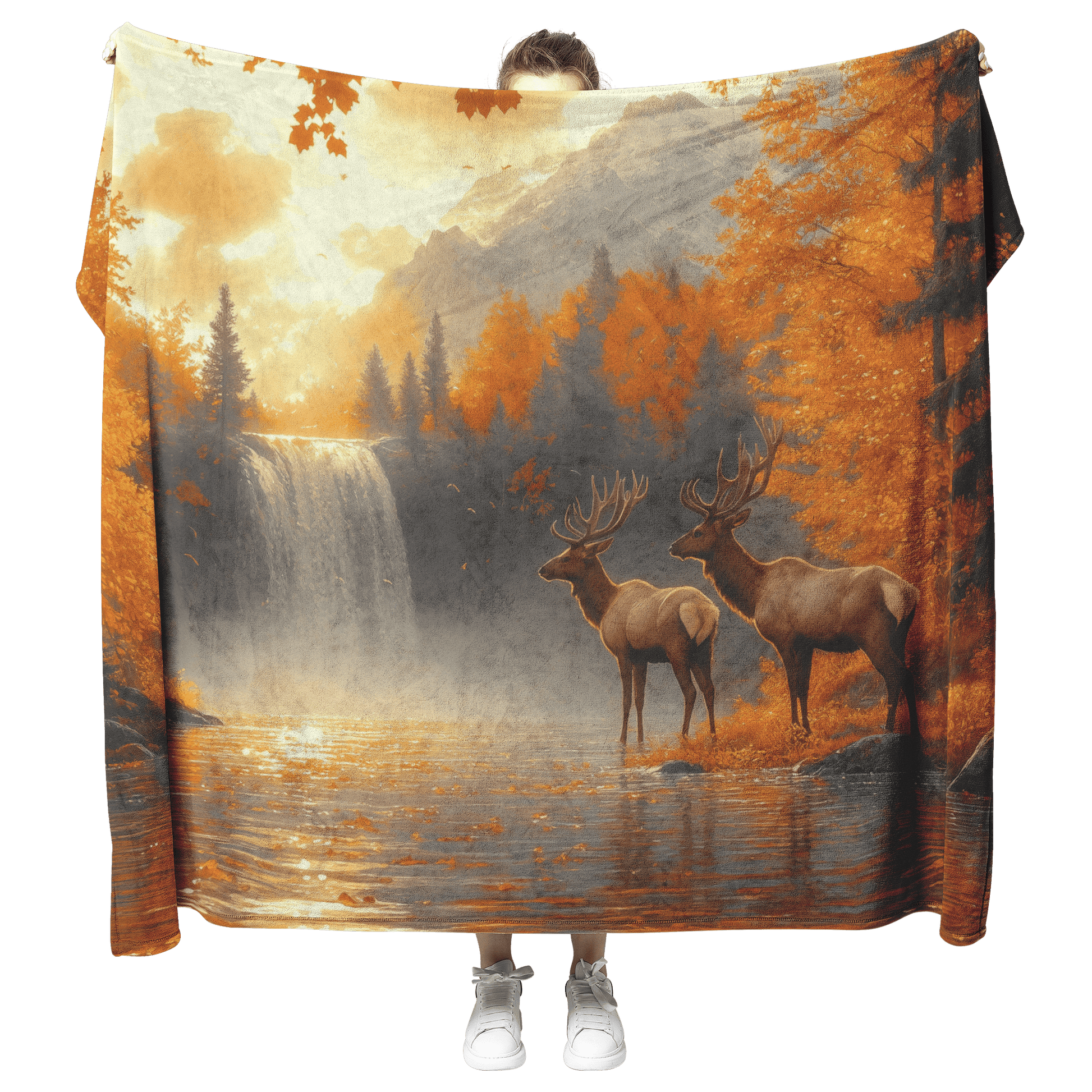 Two Elk Standing Near Glowing Waterfall Surrounded by Autumn Leaves and Golden Mist Under Twilight Sky Fleece Sherpa Blanket - Awakening Righteousness