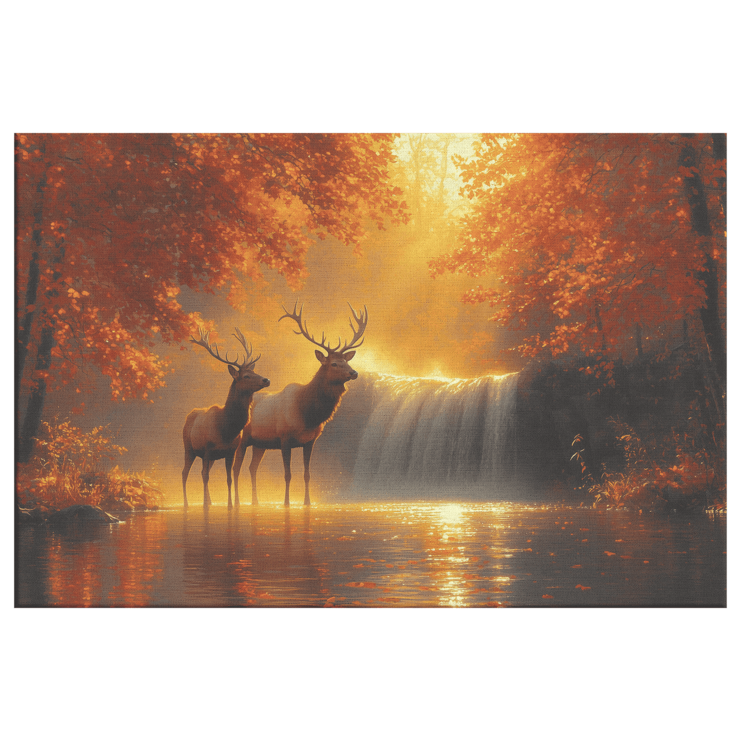 Two Elk Standing Near Glowing Waterfall With Autumn Leaves And Golden Mist Under Twilight Sky Canvas Wall Art Decor - Awakening Righteousness