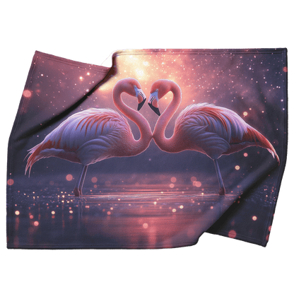 Two Flamingos Forming Heart Shape in Bioluminescent Lagoon Under Vibrant Starry Sky Fleece Sherpa Blanket - Awakening Righteousness