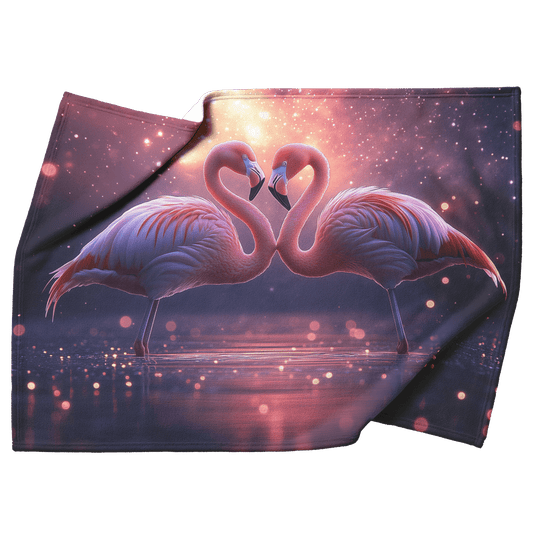 Two Flamingos Forming Heart Shape in Bioluminescent Lagoon Under Vibrant Starry Sky Fleece Sherpa Blanket - Awakening Righteousness