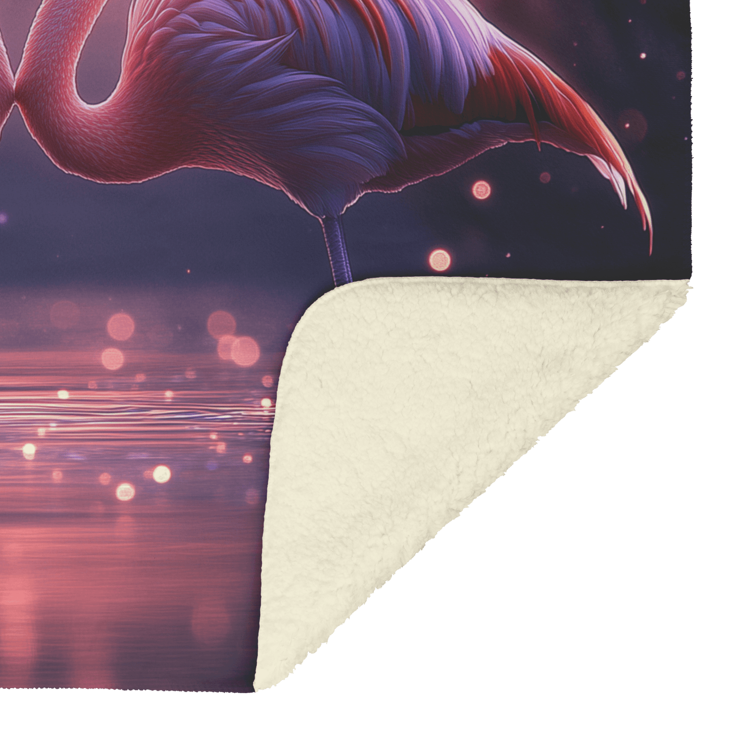 Two Flamingos Forming Heart Shape in Bioluminescent Lagoon Under Vibrant Starry Sky Fleece Sherpa Blanket - Awakening Righteousness