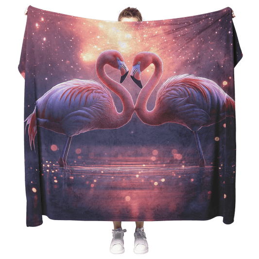 Two Flamingos Forming Heart Shape in Bioluminescent Lagoon Under Vibrant Starry Sky Fleece Sherpa Blanket - Awakening Righteousness