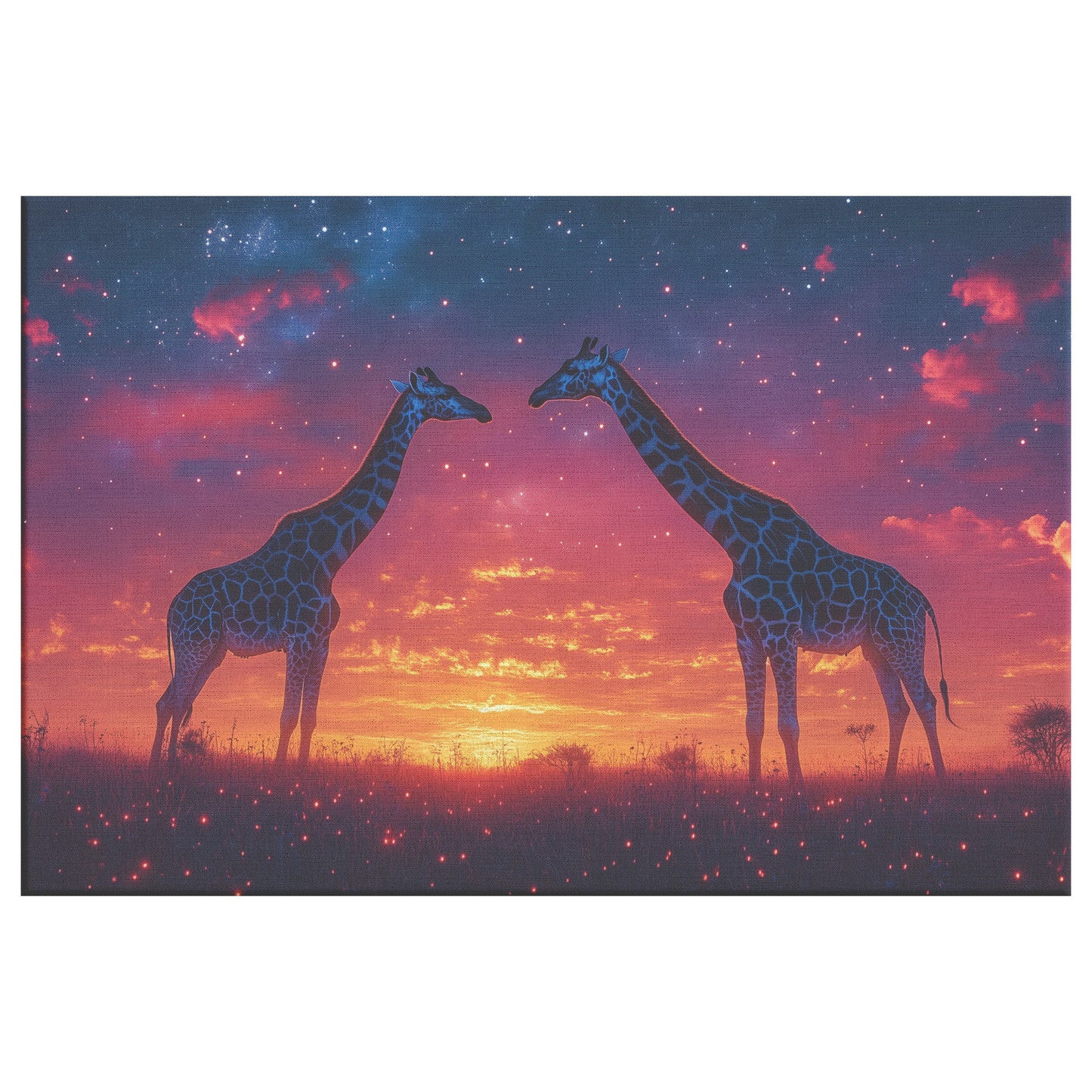 Two Giraffes Against Fiery Sunset and Starry Twilight Sky Canvas Wall Art for Wildlife Decor - Awakening Righteousness