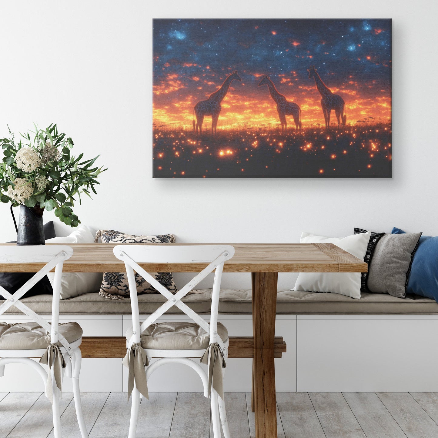 Two Giraffes Under Twilight Sky With Stars and Glowing Grasslands Canvas Wall Art for Wildlife Decor - Awakening Righteousness