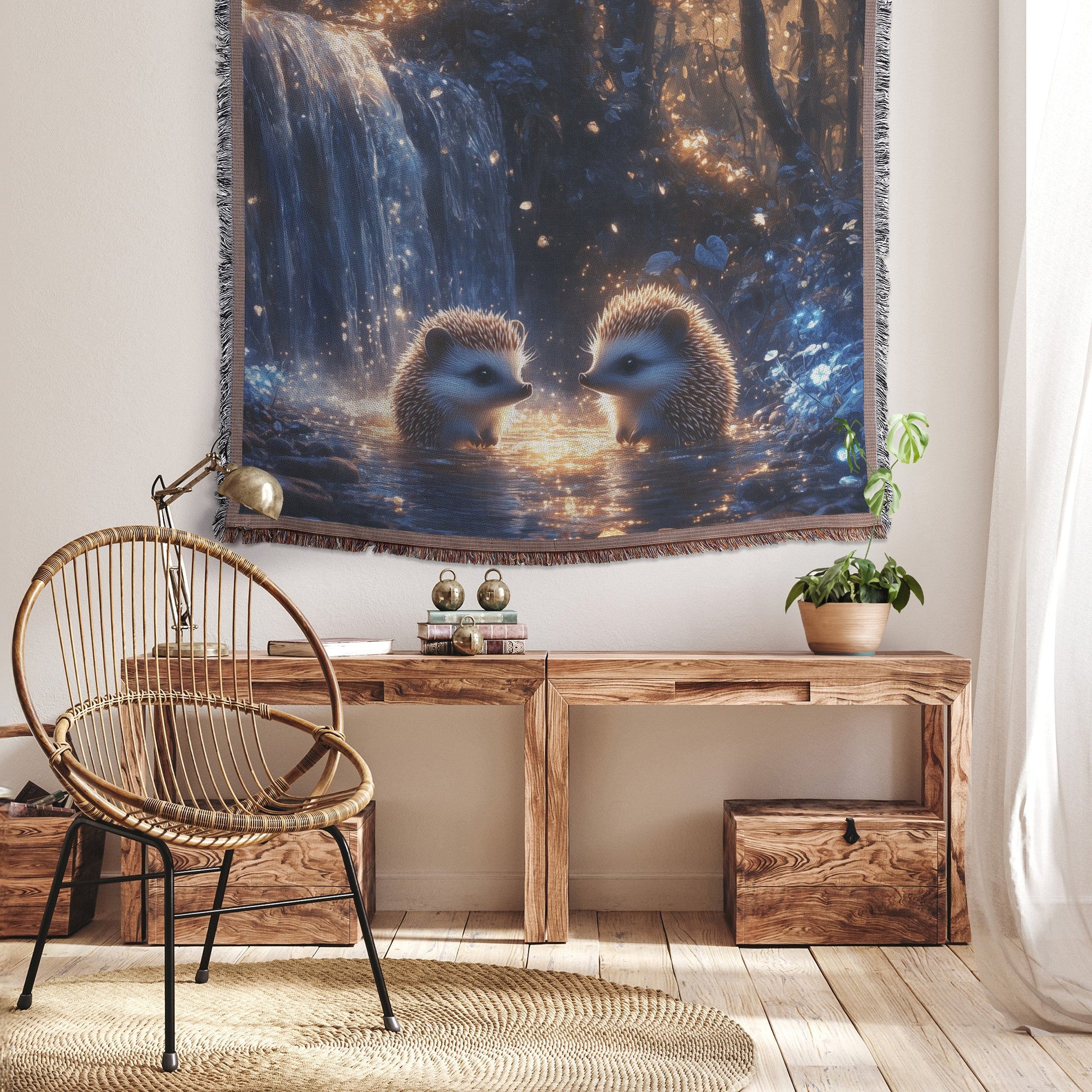 Two Hedgehogs Playing by Glowing Waterfall with Shimmering Blue Plants Magical Forest Woven Throw Blanket - Awakening Righteousness