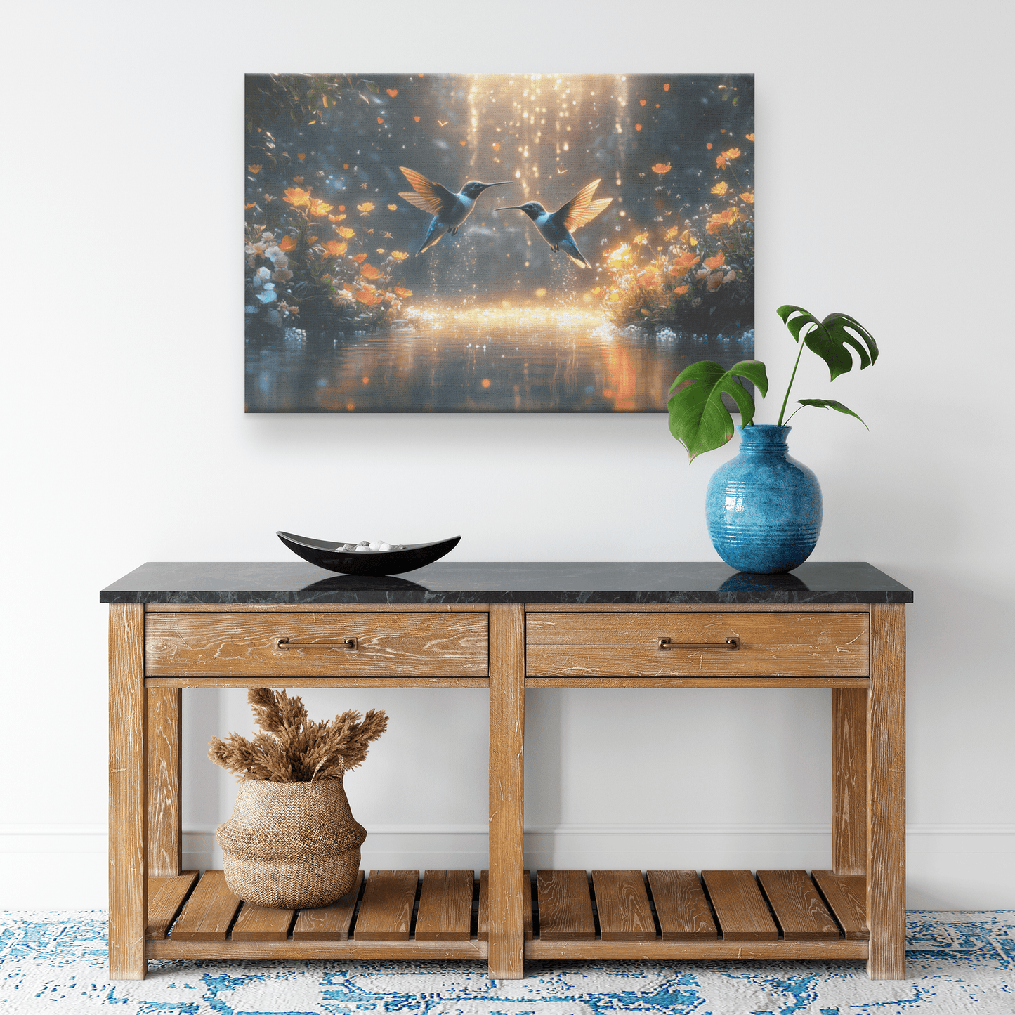 Two Hummingbirds Flying Above Glowing Pond With Shimmering Wildflowers And Twilight Reflections Canvas Wall Art Decor - Awakening Righteousness