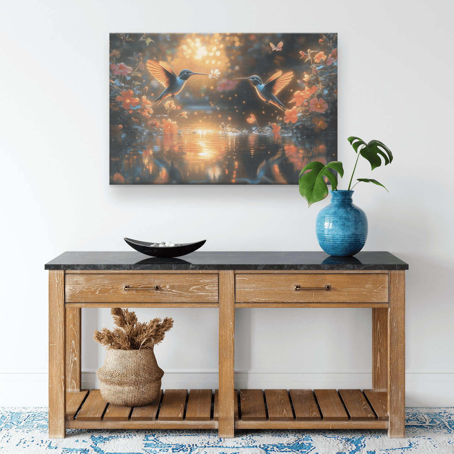 Two Hummingbirds Flying Above Glowing Pond With Shimmering Wildflowers And Twilight Reflections Canvas Wall Art Decor - Awakening Righteousness