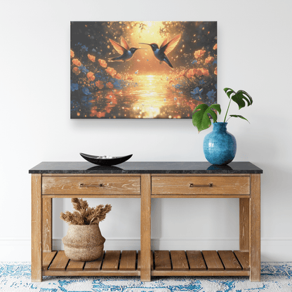 Two Hummingbirds Flying Above Glowing Pond With Shimmering Wildflowers And Twilight Reflections Canvas Wall Art Decor - Awakening Righteousness