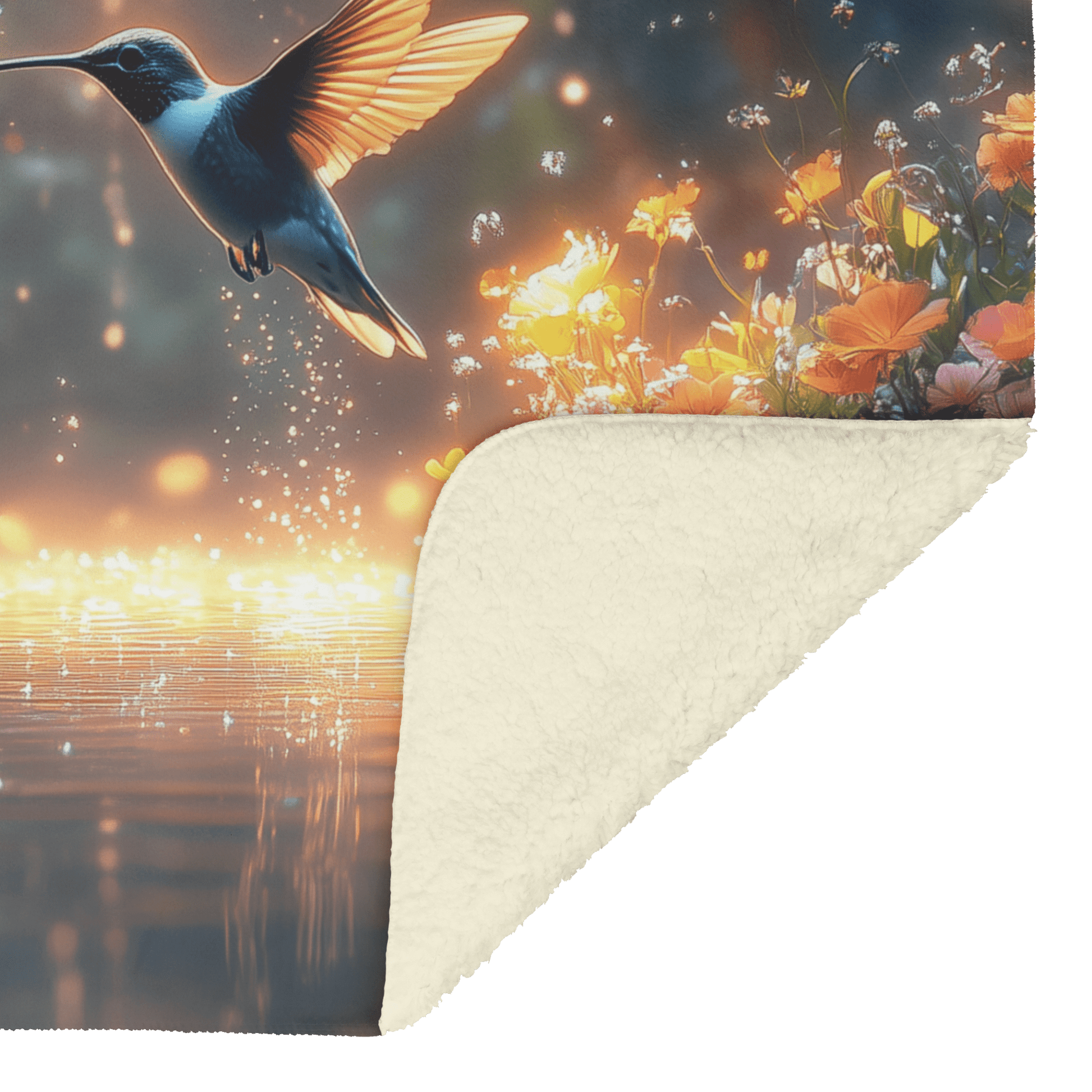 Two Hummingbirds Flying Gracefully Above Glowing Pond Surrounded by Wildflowers With Twilight Reflecting on Water Fleece Sherpa Blanket - Awakening Righteousness
