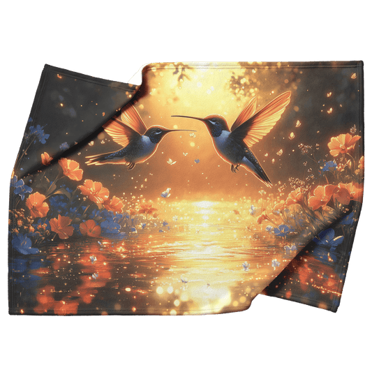 Two Hummingbirds Flying Gracefully Above Glowing Pond Surrounded by Wildflowers With Twilight Reflecting on Water Fleece Sherpa Blanket - Awakening Righteousness