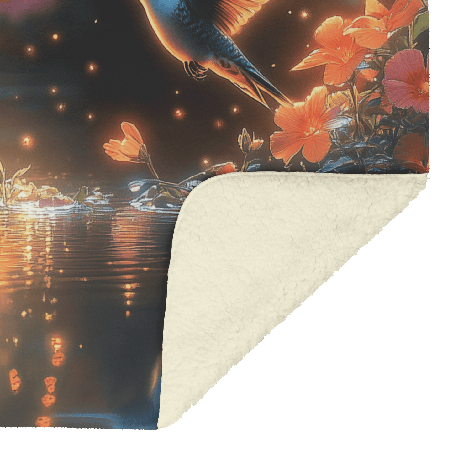 Two Hummingbirds Flying Gracefully Above Glowing Pond Surrounded by Wildflowers With Twilight Reflecting on Water Fleece Sherpa Blanket - Awakening Righteousness