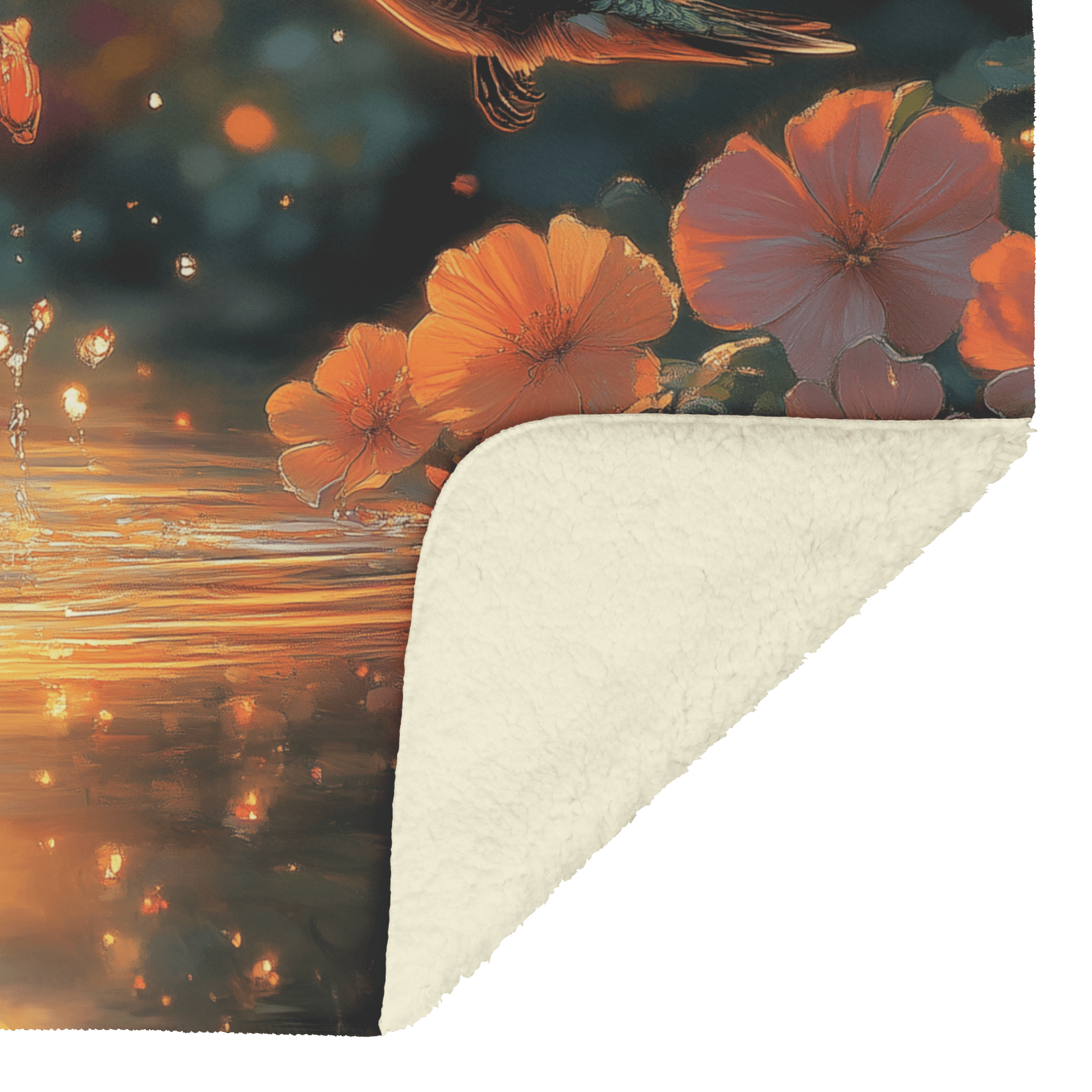 Two Hummingbirds Flying Gracefully Above Glowing Pond Surrounded by Wildflowers With Twilight Reflecting on Water Fleece Sherpa Blanket - Awakening Righteousness