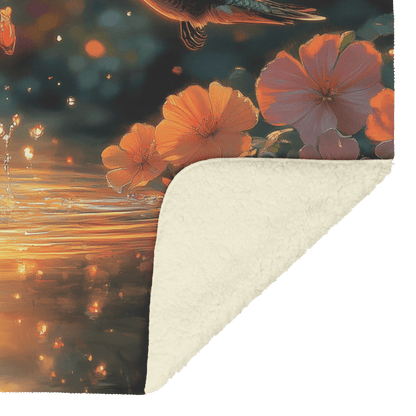 Two Hummingbirds Flying Gracefully Above Glowing Pond Surrounded by Wildflowers With Twilight Reflecting on Water Fleece Sherpa Blanket - Awakening Righteousness