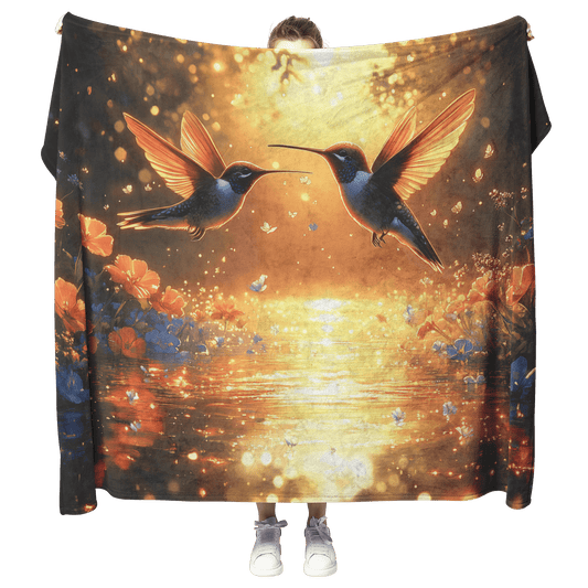 Two Hummingbirds Flying Gracefully Above Glowing Pond Surrounded by Wildflowers With Twilight Reflecting on Water Fleece Sherpa Blanket - Awakening Righteousness