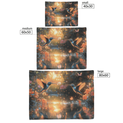 Two Hummingbirds Flying Gracefully Above Glowing Pond Surrounded by Wildflowers With Twilight Reflecting on Water Fleece Sherpa Blanket - Awakening Righteousness