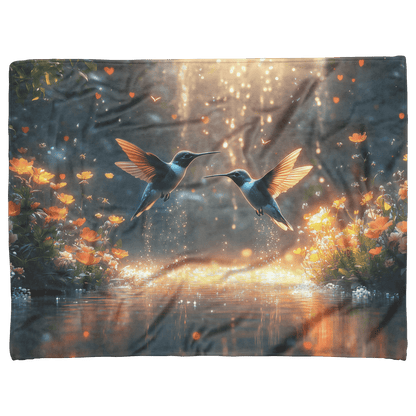 Two Hummingbirds Flying Gracefully Above Glowing Pond Surrounded by Wildflowers With Twilight Reflecting on Water Fleece Sherpa Blanket - Awakening Righteousness
