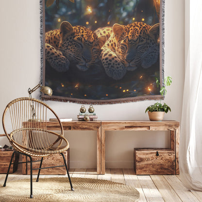 Two Leopards Resting on Branch Surrounded by Dense Jungle with Glowing Fireflies Magical Atmosphere Woven Throw Blanket - Awakening Righteousness