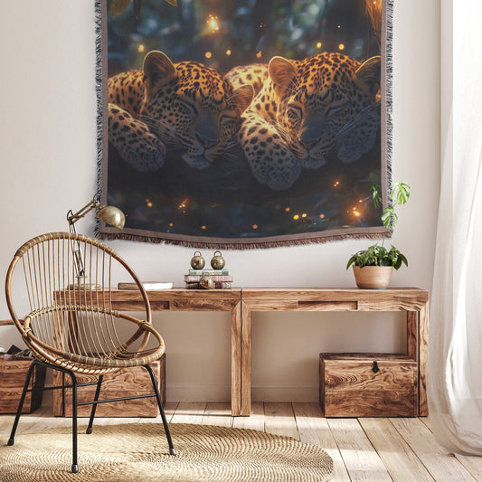 Two Leopards Resting on Branch Surrounded by Dense Jungle with Glowing Fireflies Magical Atmosphere Woven Throw Blanket - Awakening Righteousness