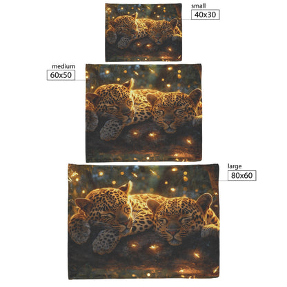 Two Leopards Resting Together on Branch in Dense Jungle with Glowing Fireflies Fleece Sherpa Blanket Magical and Soft - Awakening Righteousness