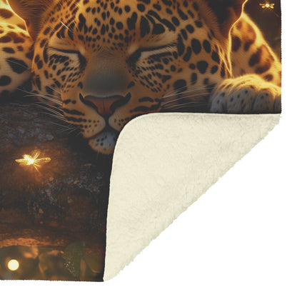 Two Leopards Resting Together on Branch in Dense Jungle with Glowing Fireflies Fleece Sherpa Blanket Magical and Soft - Awakening Righteousness