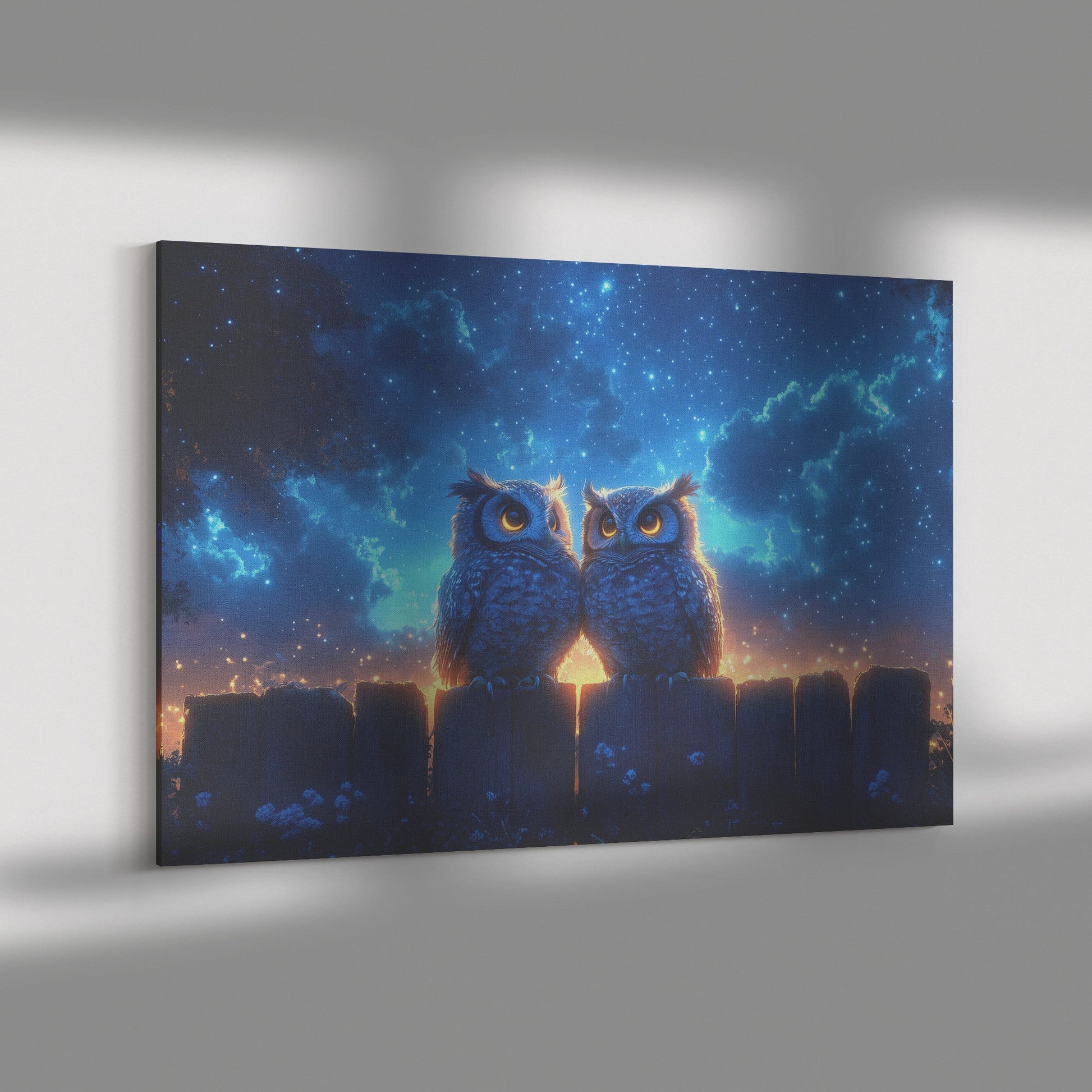 Two Owls on Glowing Wooden Fence Under Twilight Starry Sky Peaceful Serene Canvas Wall Art Decor for Home - Awakening Righteousness