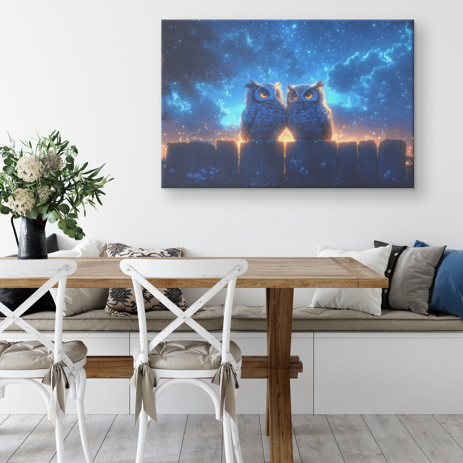 Two Owls on Glowing Wooden Fence Under Twilight Starry Sky Peaceful Serene Canvas Wall Art Decor for Home - Awakening Righteousness