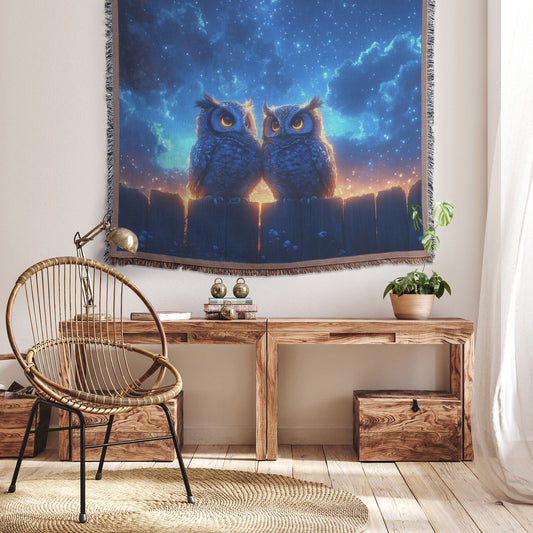 Two Owls Sitting on Glowing Wooden Fence Under Twilight Sky Filled with Stars Peaceful and Serene Woven Throw Blanket - Awakening Righteousness