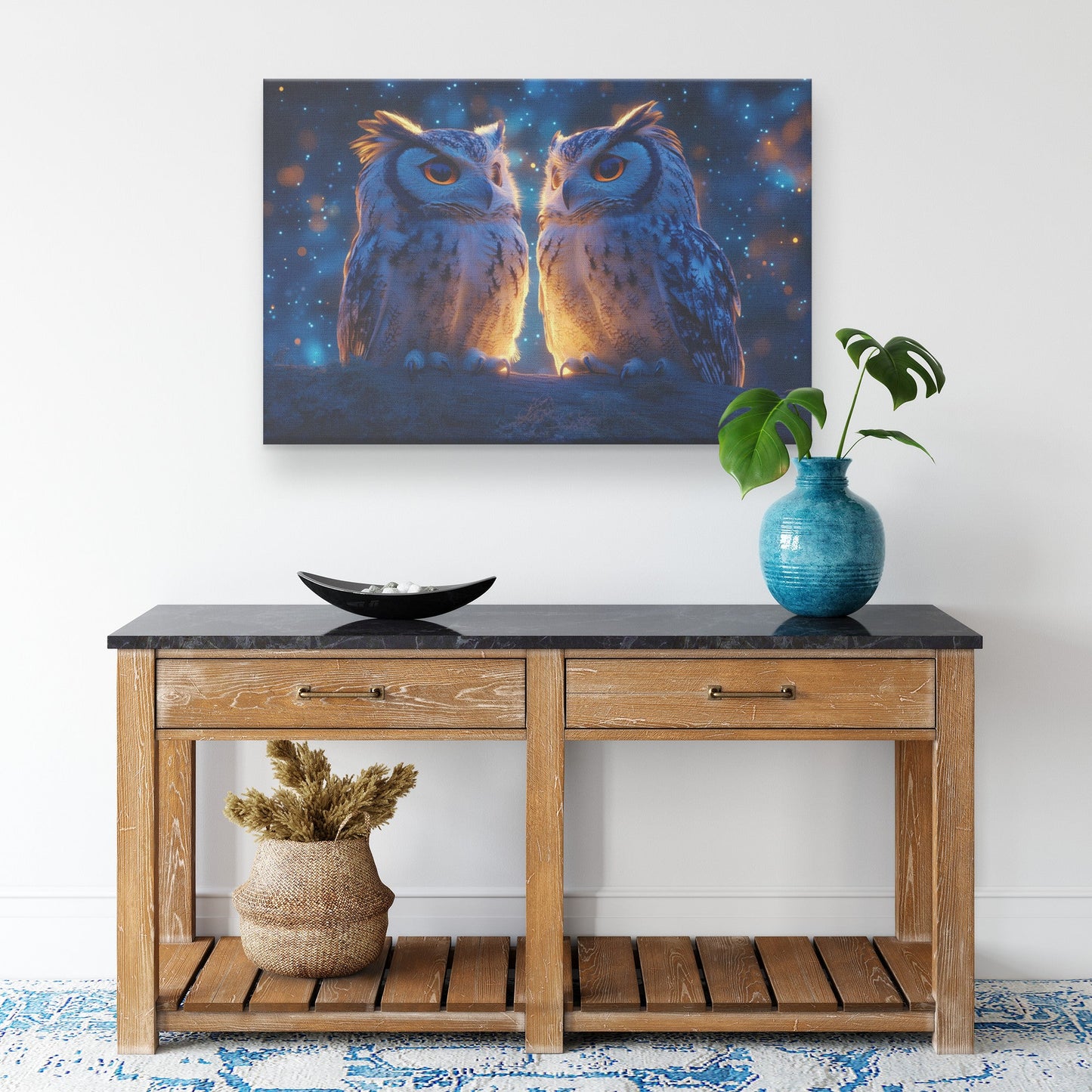 Two Owls Sitting on Glowing Wooden Fence Under Twilight Starry Sky Peaceful Serene Canvas Wall Art Decor - Awakening Righteousness