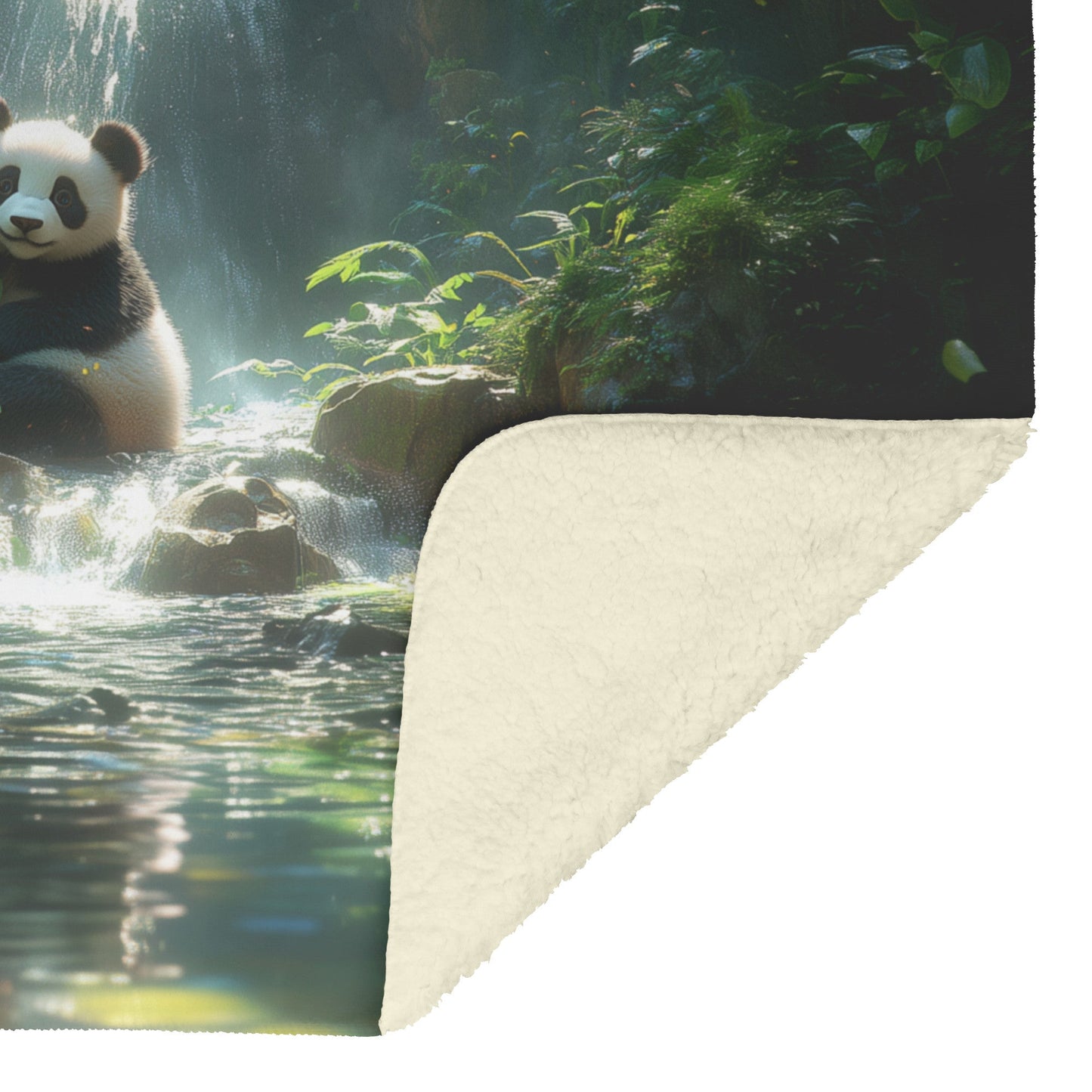Two Pandas Playing Near Glowing Waterfall Vibrant Green Plants Ethereal Mist Fleece Sherpa Blanket - Awakening Righteousness