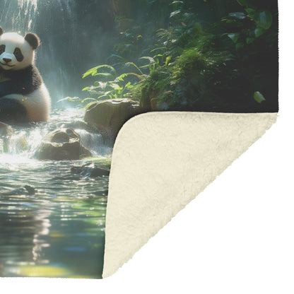 Two Pandas Playing Near Glowing Waterfall Vibrant Green Plants Ethereal Mist Fleece Sherpa Blanket - Awakening Righteousness