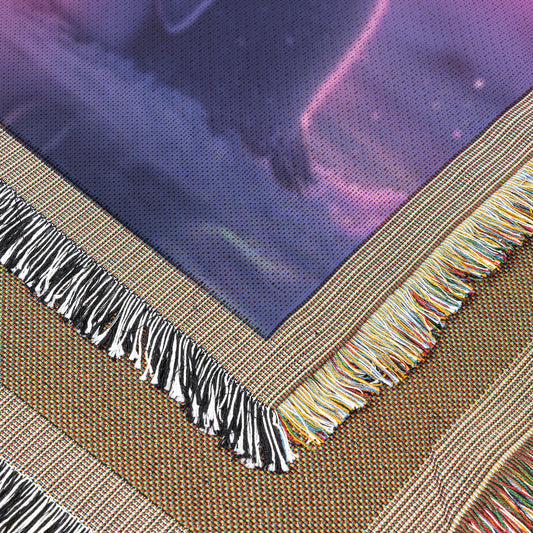 Two Penguins Huddling Together Under Glowing Aurora Sky with Intricate Snow Details and Vibrant Colors Woven Throw Blanket - Awakening Righteousness