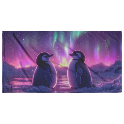 Two Penguins Huddling Under Glowing Aurora Filled Sky Realistic Wildlife Scene Beach Towel - Awakening Righteousness