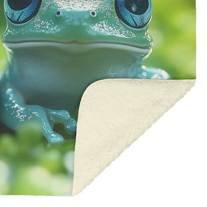 Two Playful Blue Green Frogs Sitting on Grass with Raindrops Cozy Fleece Sherpa Blanket - Awakening Righteousness
