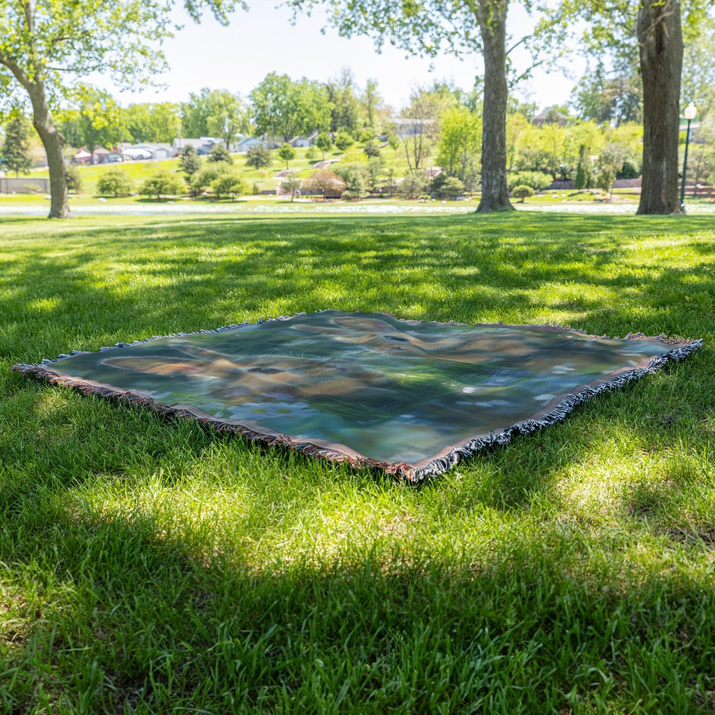 Two Rabbits Sitting by Glowing Crystal Clear Pond Woven Throw Blanket with Green Grass and Wildflowers Under Twilight Sky - Awakening Righteousness