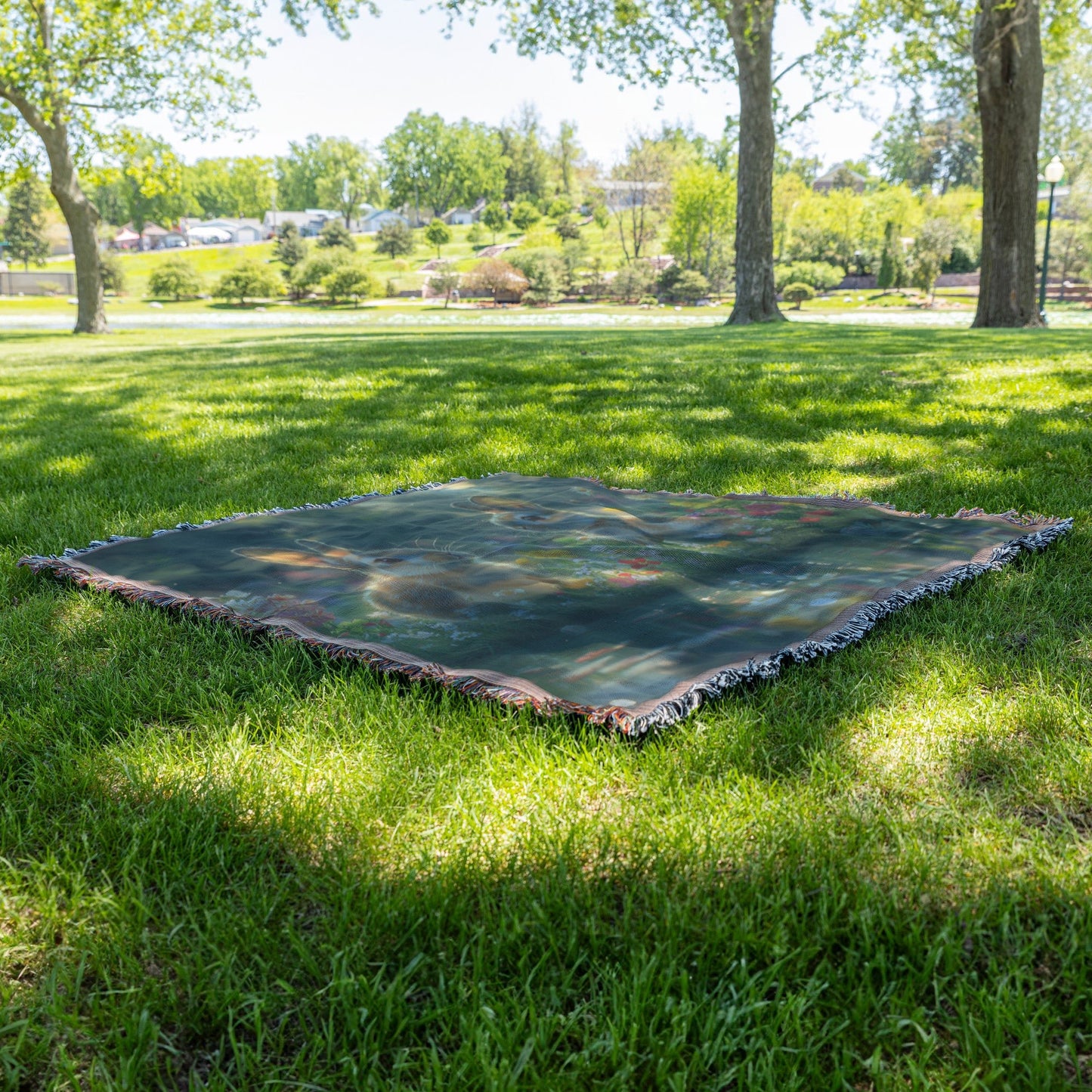 Two Rabbits Sitting by Glowing Crystal Clear Pond Woven Throw Blanket with Green Grass and Wildflowers Under Twilight Sky - Awakening Righteousness