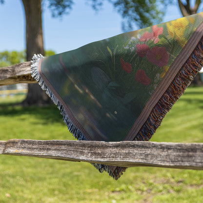 Two Rabbits Sitting by Glowing Crystal Clear Pond Woven Throw Blanket with Green Grass and Wildflowers Under Twilight Sky - Awakening Righteousness