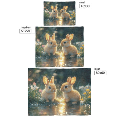 Two Rabbits Sitting by Glowing Crystal Pond with Green Grass and Wildflowers Under Twilight Sky Fleece Sherpa Blanket - Awakening Righteousness