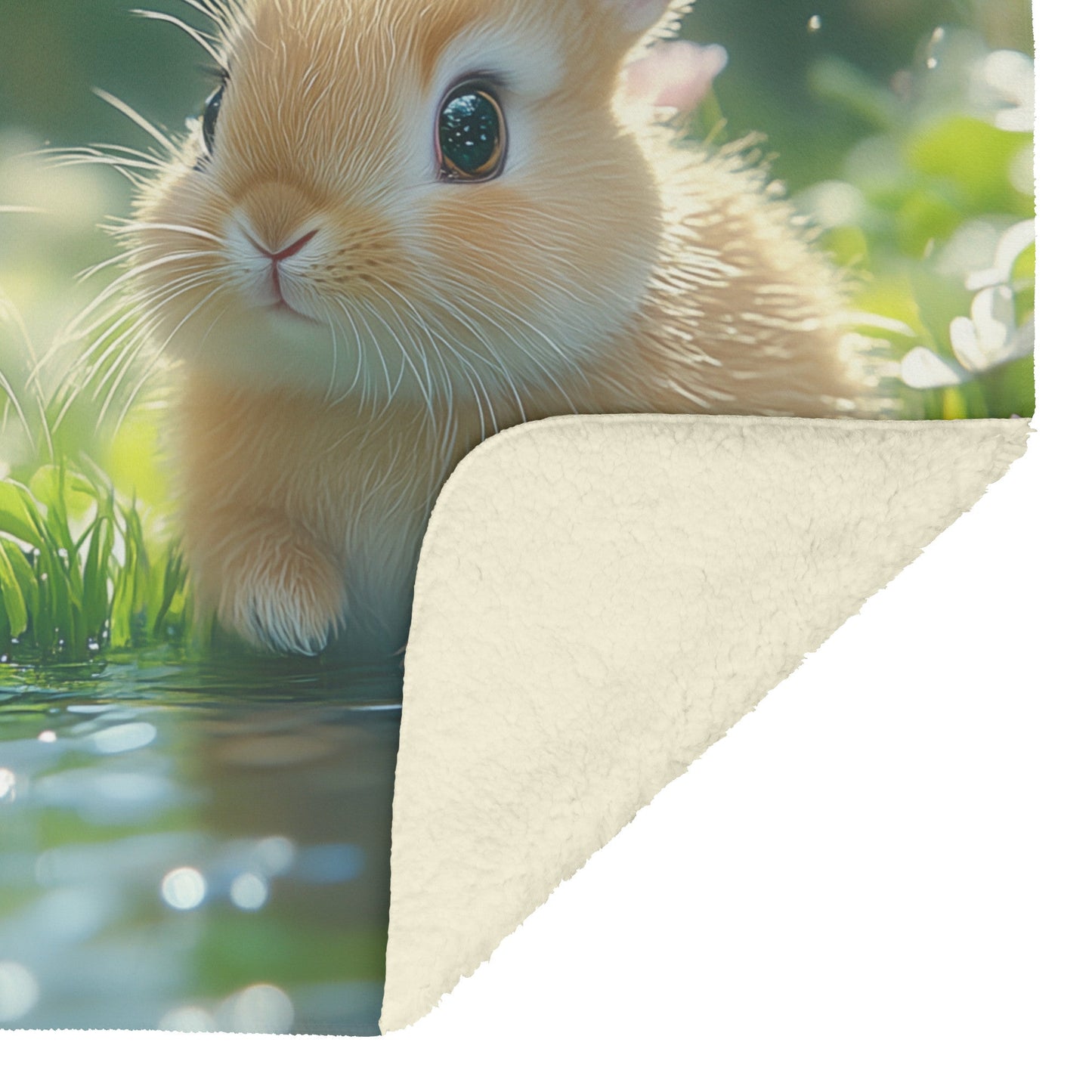 Two Rabbits Sitting by Glowing Crystal Pond with Green Grass and Wildflowers Under Twilight Sky Fleece Sherpa Blanket - Awakening Righteousness
