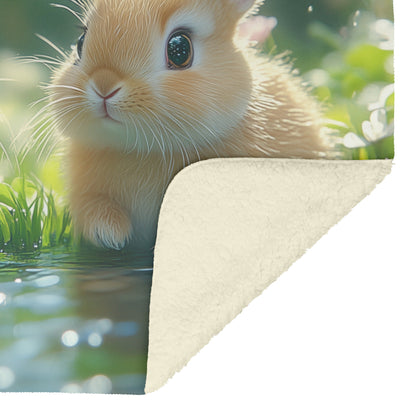 Two Rabbits Sitting by Glowing Crystal Pond with Green Grass and Wildflowers Under Twilight Sky Fleece Sherpa Blanket - Awakening Righteousness