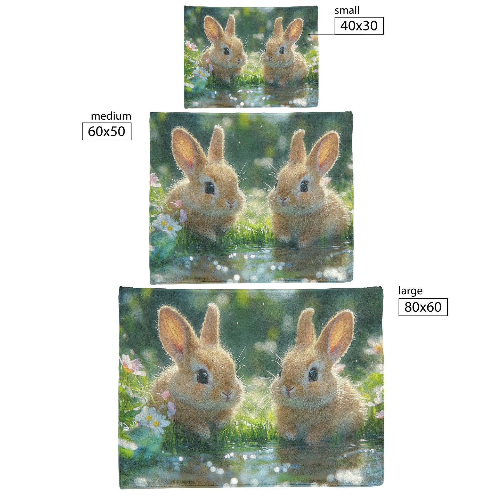 Two Rabbits Sitting by Glowing Crystal Pond with Green Grass and Wildflowers Under Twilight Sky Fleece Sherpa Blanket - Awakening Righteousness
