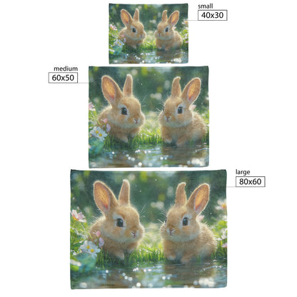 Two Rabbits Sitting by Glowing Crystal Pond with Green Grass and Wildflowers Under Twilight Sky Fleece Sherpa Blanket - Awakening Righteousness