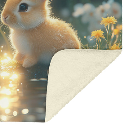 Two Rabbits Sitting by Glowing Crystal Pond with Green Grass and Wildflowers Under Twilight Sky Fleece Sherpa Blanket - Awakening Righteousness
