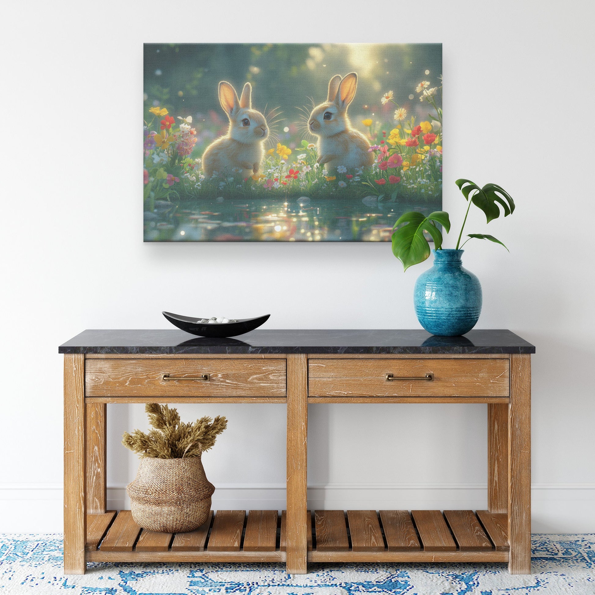Two Rabbits Sitting Near Glowing Crystal Clear Pond with Green Grass and Wildflowers Under Twilight Sky Canvas Wall Art - Awakening Righteousness
